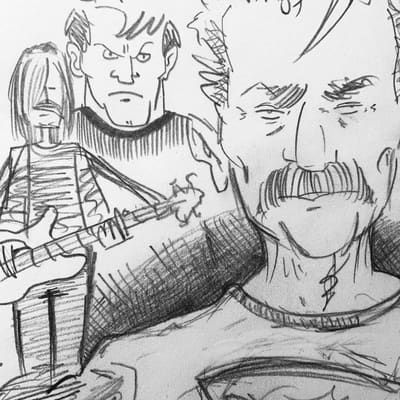 Pencil sketches of three men at various crops: a shaggy haired bass player in a striped shirt, an angry tough guy, and an old man with a mustache.