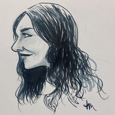 Ink sketch of Polly Jean Harvey in profile, smiling.