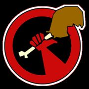 A raised red fist holding a cartoon drumstick with a bite taken out of it.