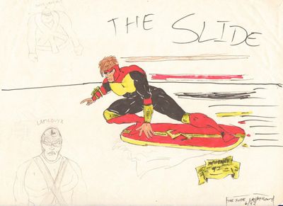 Character sketch for The Slide, a superhero I co-created with a friend in 1992. He's depicted on a hover skateboard.