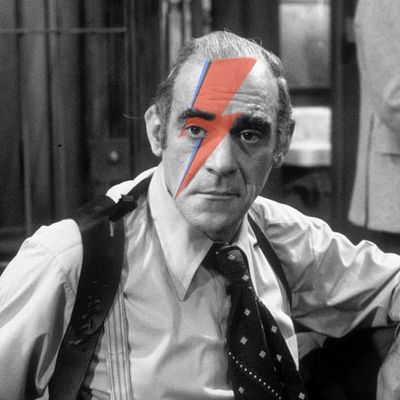 Abe Vigoda as Detective Phil Fish on the TV show Barney Miller, photoshopped with Ziggy Stardust facepaint.