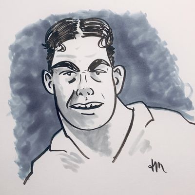 Ink and gray alcohol marker sketch in a simple cartoon style of the bust of a man with prominent eyebrows, a gap in his teeth, and fashionable 1930s curls at the corners of his brow.