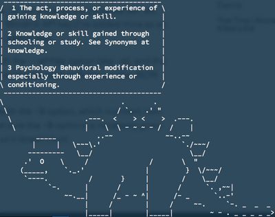 An screenshot of a terminal window showing ASCII art of a stegosaurus speaking three definitions of the word learning.