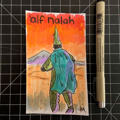 Drawing of a man from behind, wearing a tall conical hat and short cape, his clothes green and blue with purple highlights. He's dancing away from the viewer in a desert landscape with a purple mountain in the distance against an orange-red sky.