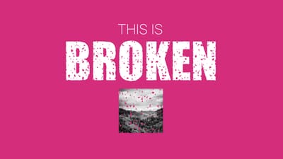 Screenshot of a Codepen demo. Text: 'This is BROKEN,' followed by a black and white image of tree covered foothils with sky in the background. The word 'broken' and the image have a degraded look with holes showing the deep pink background.