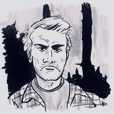 Ink and gray Copic marker sketch in a cartoon style of the bust of a scowling man in a plaid shirt staning in front of the silhouettes of evergreen trees.
