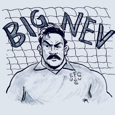Ink and gray Copic marker sketch in a cartoon style of a serious looking man in an old Everton kit with a mustache, looking off to the side. The net of the goal is visible behind him.
