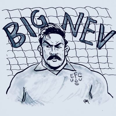Ink and gray Copic marker sketch in a cartoon style of a serious looking man in an old Everton kit with a mustache, looking off to the side. The net of the goal is visible behind him.