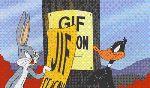 Bugs Bunny and Daffy Duck continuosly tear signs from a tree revealing news signs that say duck season, rabbit season, duck season rabbit season, and so on.