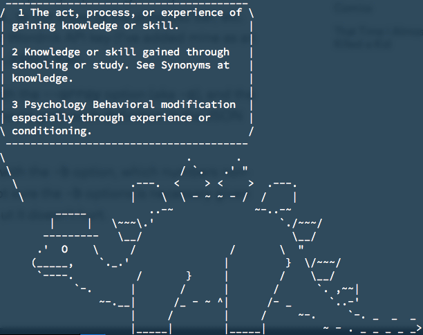 An screenshot of a terminal window showing ASCII art of a stegosaurus speaking three definitions of the word learning.