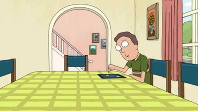 Jerry Smith from the cartoon Rick and Morty sits at his dining room table playing a game on an iPad.